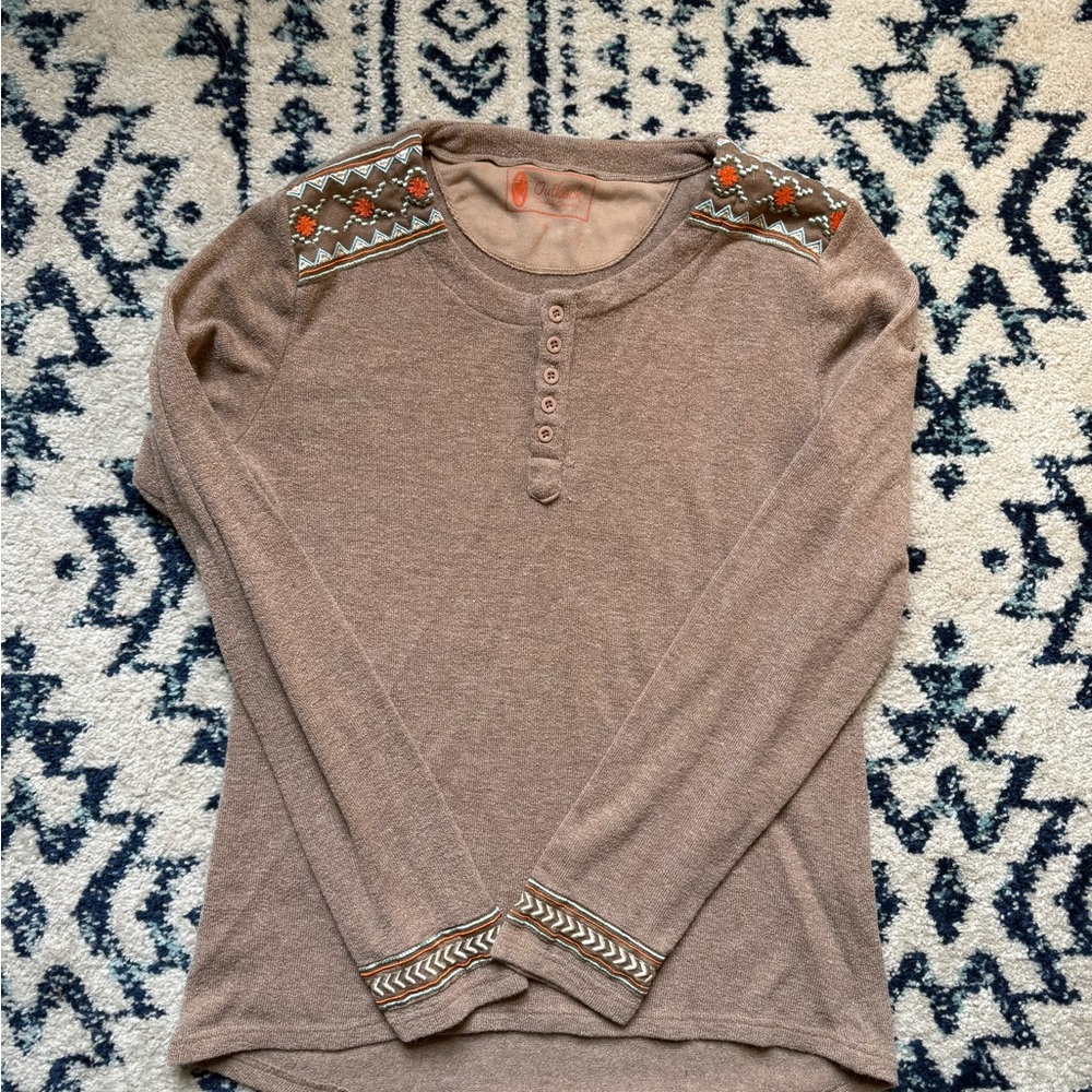 Outback Trading company Long Sleeve Henley with Embroidered Accents